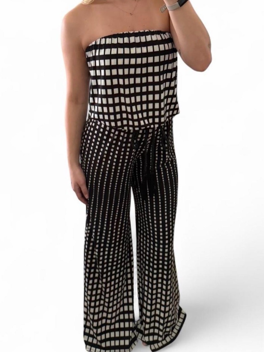 Ariella Black & White Grid Strapless Wide-Leg Jumpsuit